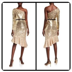 NWT Marchesa Notte Glitter Ruffle Asymmetric Cocktail Dress